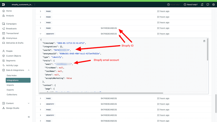 customer_io identified events of logged persons in Shopify