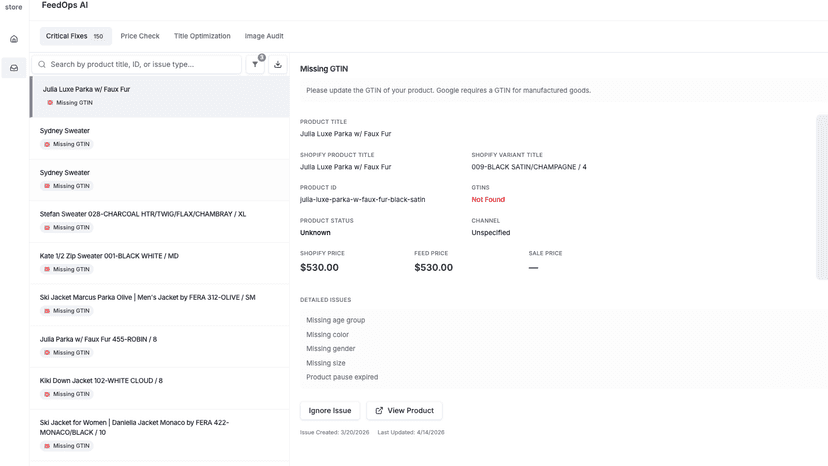 Product feed issue detection