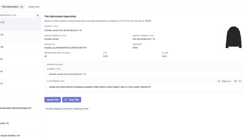 Optimise titles for feed & with shopify integration update them