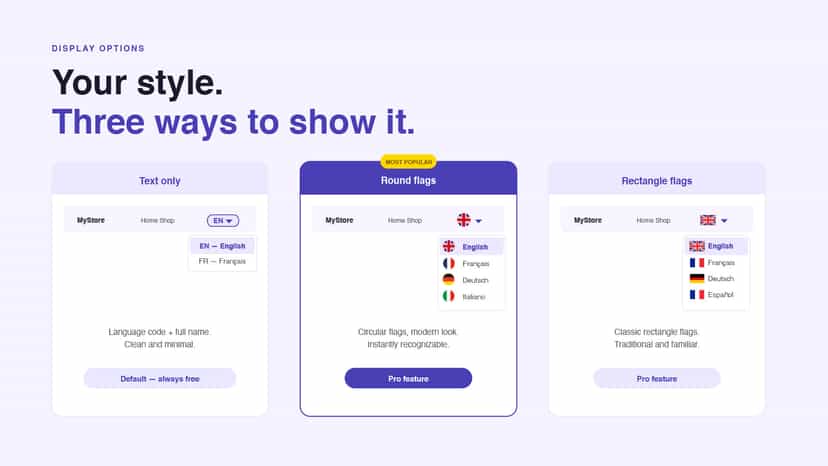 Three display modes: text only, round flags, and rectangle flags