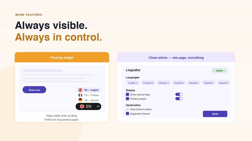 Floating widget and clean admin interface with toggle options