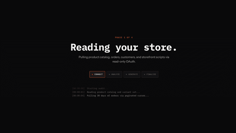 Audit running: 'Reading your store' phase via OAuth