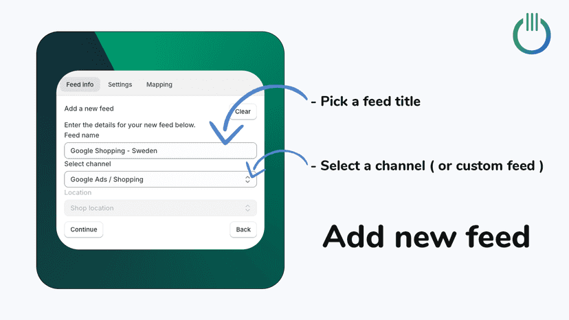 Adding a new feed, selecting title and channel or custom feed