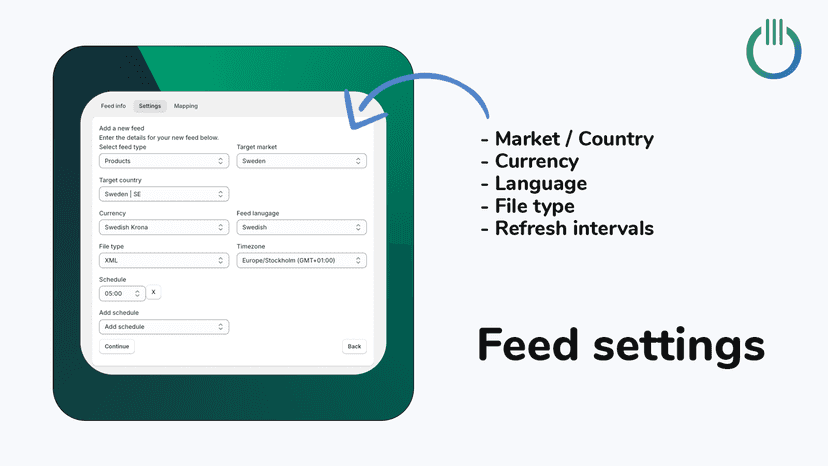 Feed settings, language, currency, refresh intervals, file type
