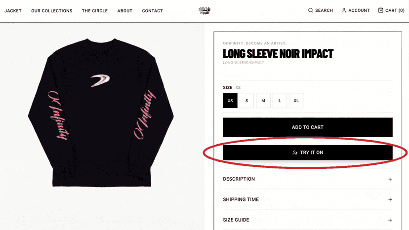 Online store product page with the virtual try-on button shown