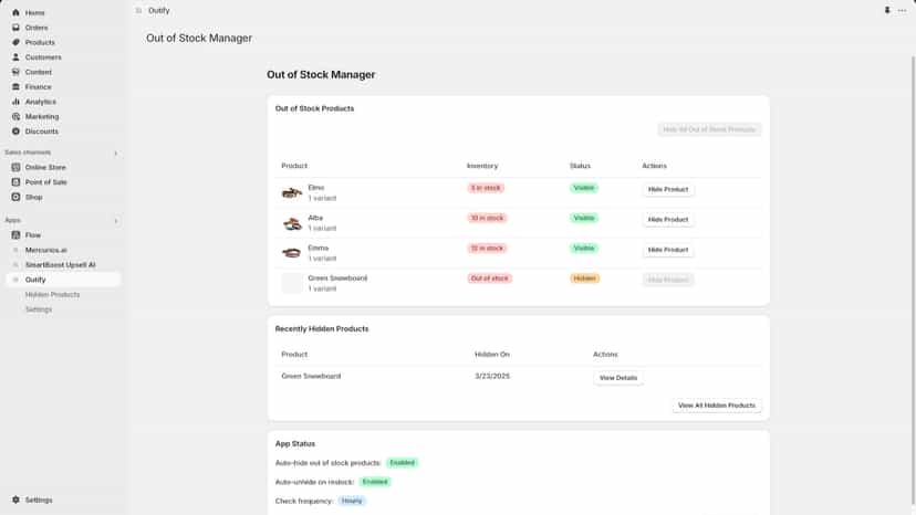 Outify admin: product statuses with hide/unhide controls