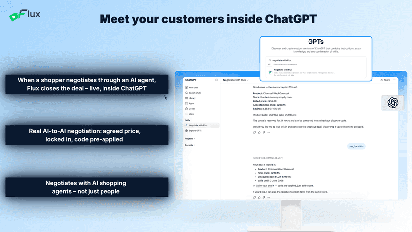 Flux closing a deal with a shopper's AI agent inside ChatGPT