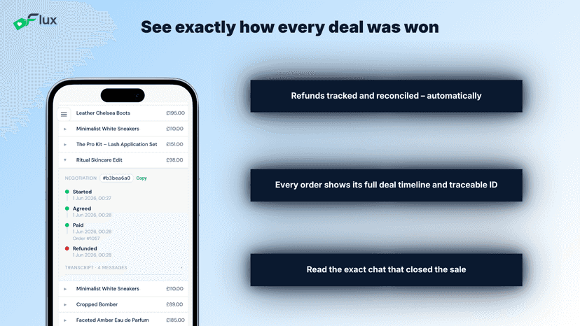 Order history showing each deal's status, timeline and chat