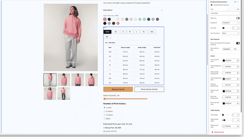 Frontend extension for dynamic size chart and product grouping