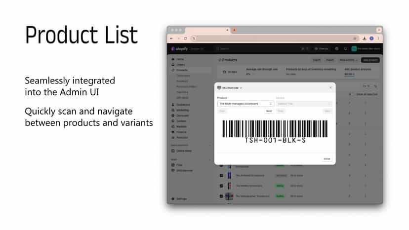 Barcodes shown in Shopify product list view