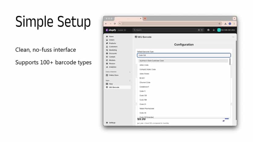 Simple setup screen with 100+ barcode type options