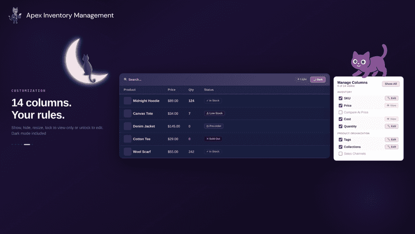 Customization & Dark Mode — dark table + column management panel