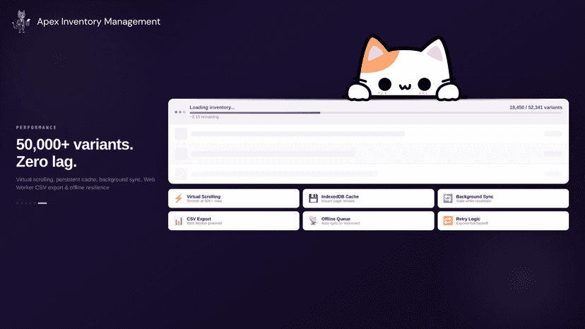 Performance — loading progress bar, skeleton rows, 6 feature