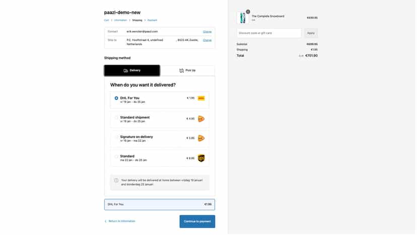 Widget displaying several shipping options