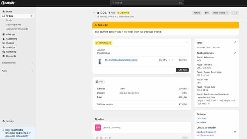 Order details with Paazl carrier data