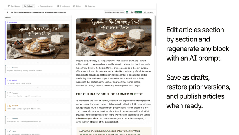 Edit articles section by section and regenerate any block