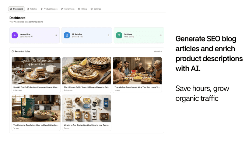 Generate SEO blog articles and enrich product with AI
