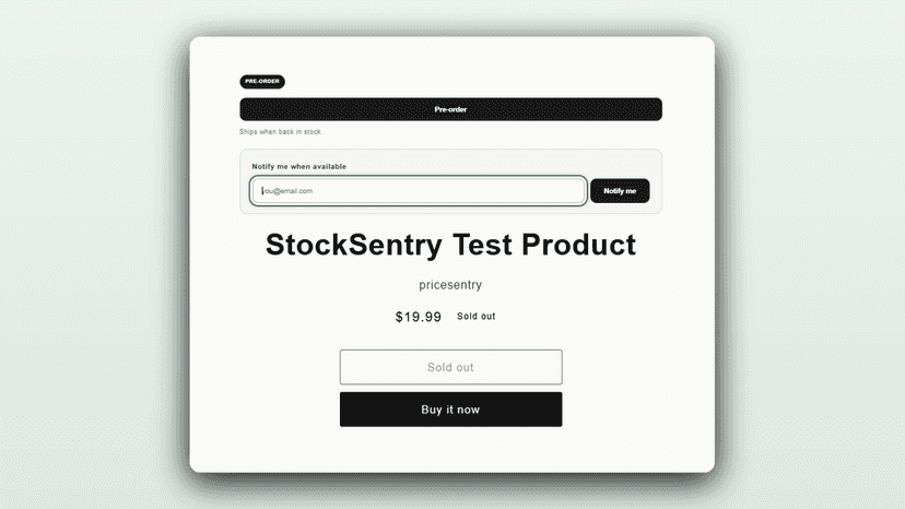 Sold-out page: theme-safe Notify-me + Pre-order button