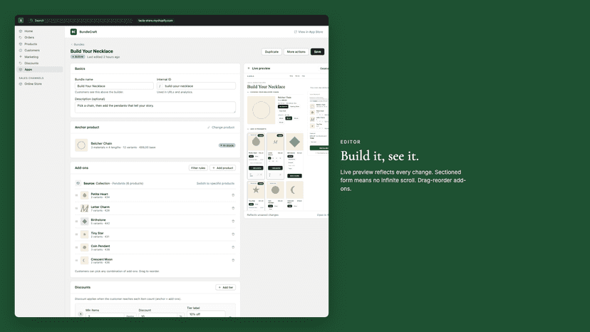 Bundle editor with live storefront preview