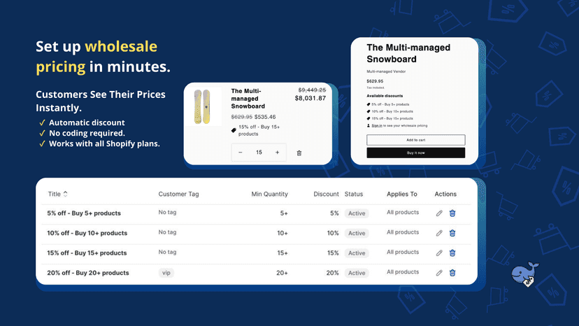 Wholesale pricing app showing product pricing and bulk discount