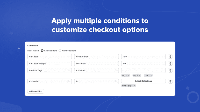 Apply multiple conditions to
customize checkout options