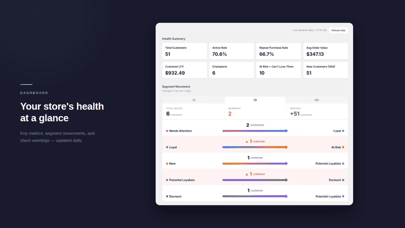 Customer health dashboard with segment distribution