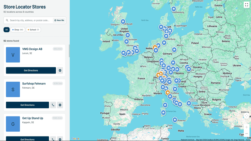 Storefront with search, filters, and map pins