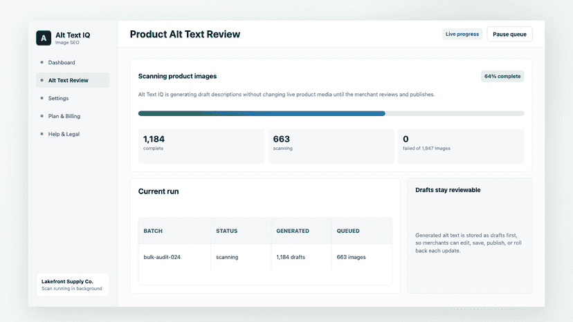 Alt text scan progress showing queued product images