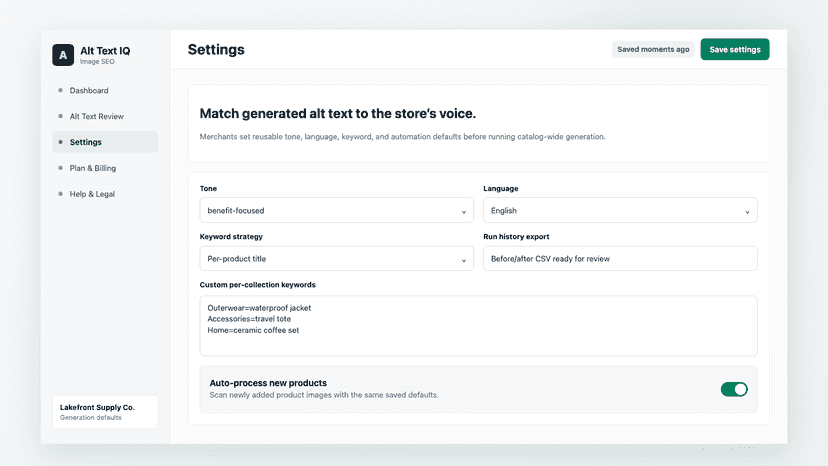 Settings for tone, language, keywords, and automation