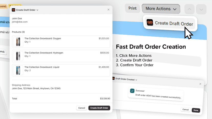 Click more actions, create draft order, then confirm your order.