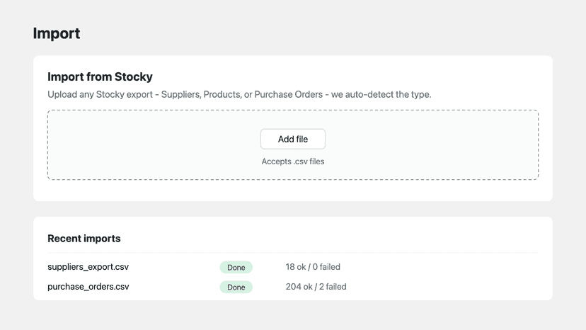 Stocky CSV import with automatic file type detection
