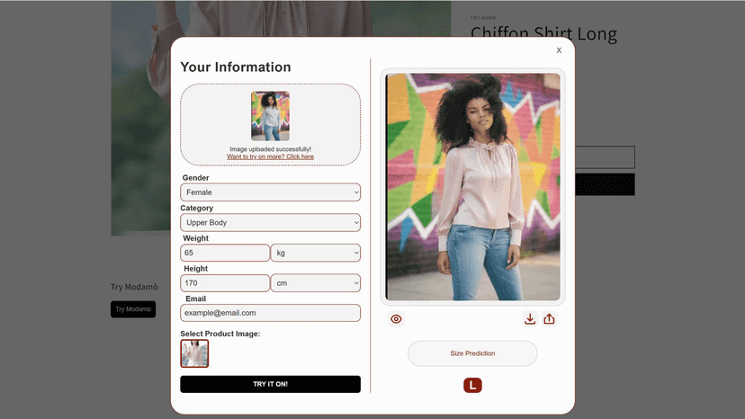 3. View your virtual try-on result and predicted size