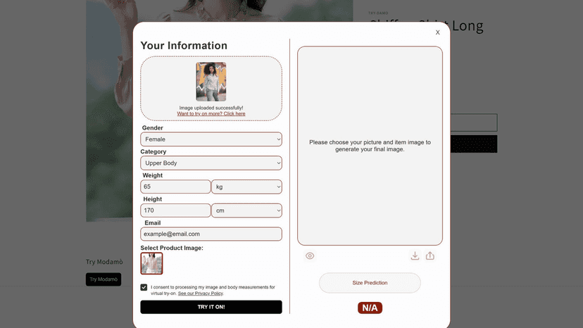 2. Enter your details and press TRY IT ON!