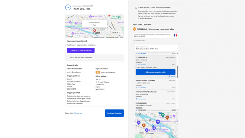 Sélection du point relais sur la page de remerciements.