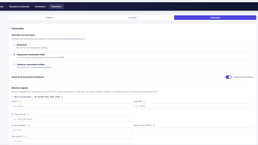 Module de facturation intégré à l'application Colissimo Pro