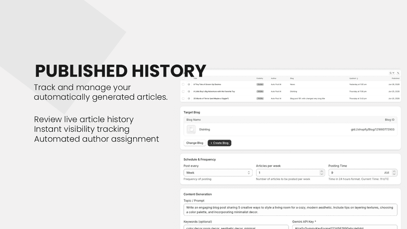 Dashboard overview tracking published article history logs
