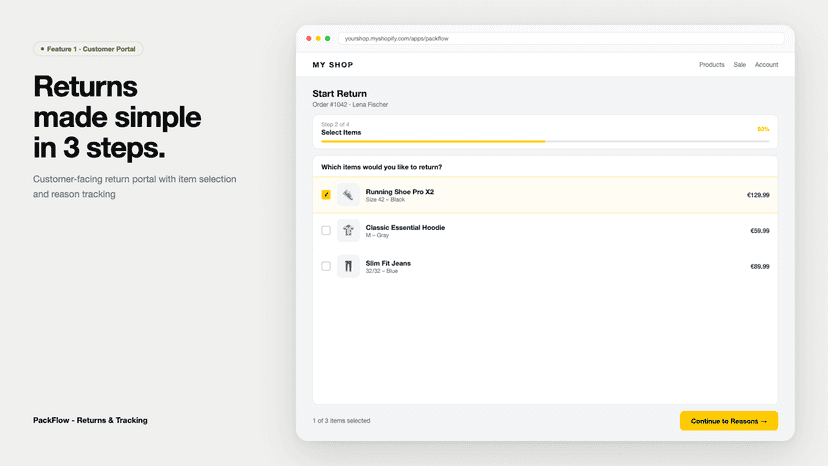 Customer return portal with item selection and reasons