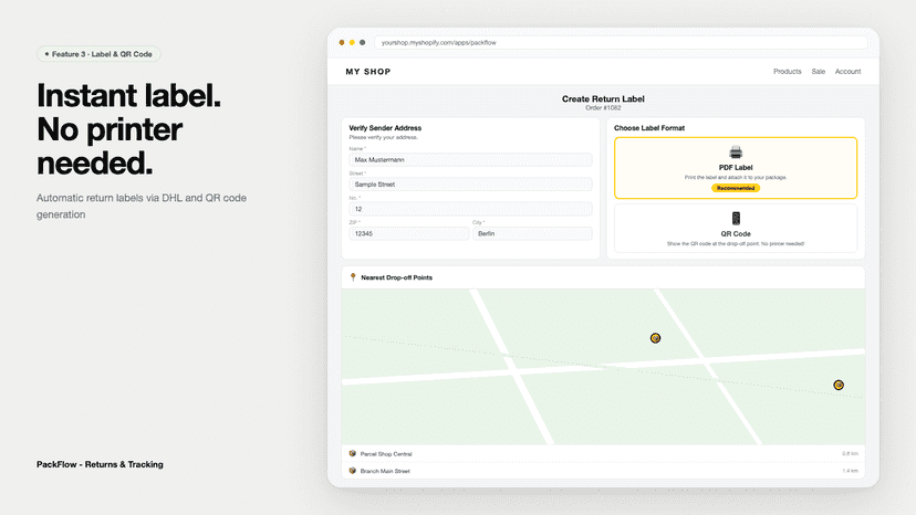 DHL return label and QR code generation with drop-off map