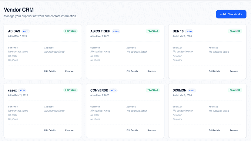 Vendor CRM cards showing supplier contacts and lead times.