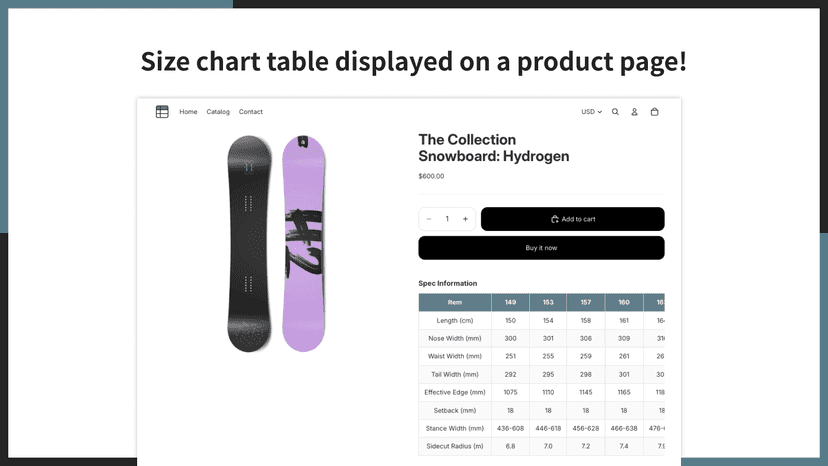 Size chart table displayed on a product page!