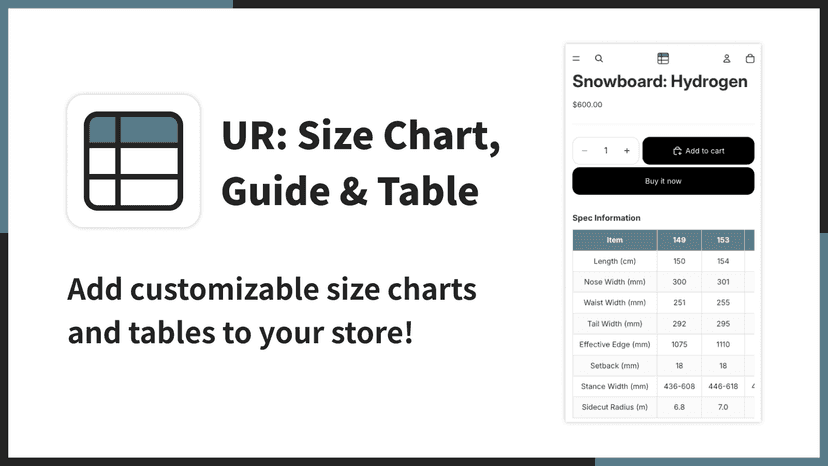 Add customizable size charts and tables to your store!