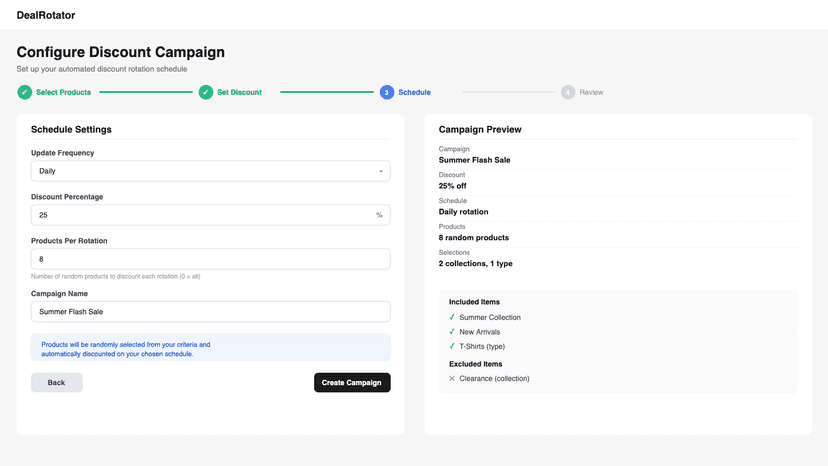 Discount configuration wizard with schedule and preview