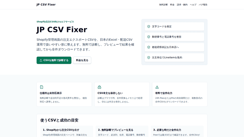注文CSVを日本配送業者・Excel向けに自動整形するJP CSV Fixerの機能紹介画像