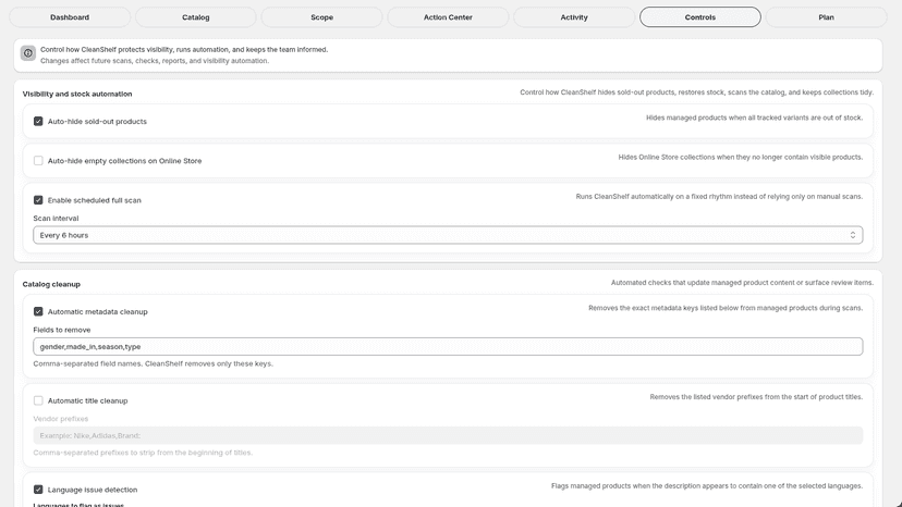 Controls: manage scheduled scans and weekly reports