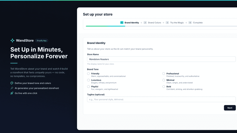 Onboarding wizard with a 4-step setup flow