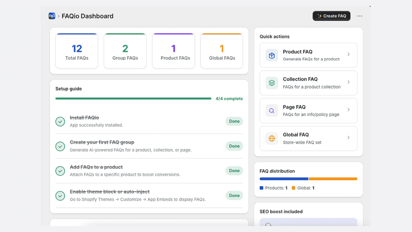 FAQio dashboard with FAQ stats and setup guide