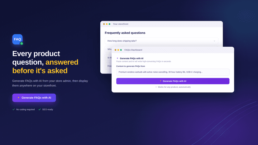 FAQio dashboard and AI-generated FAQ accordion on a storefront