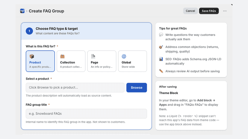 Choosing a FAQ type and target product to generate FAQs