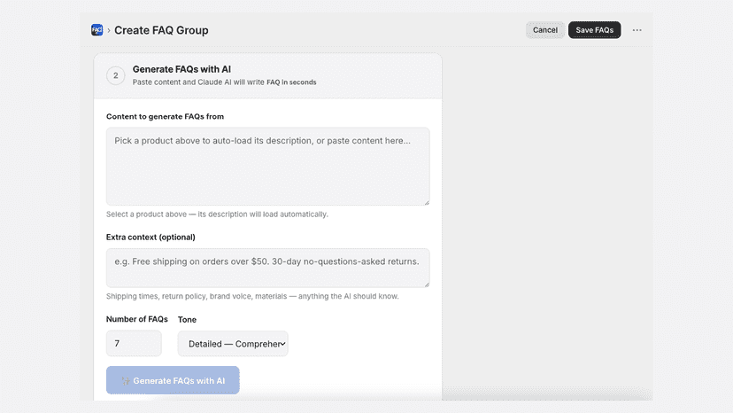 AI FAQ generation form with tone and quantity settings