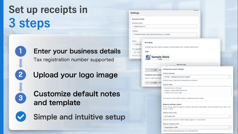 Settings page with business details, logo upload, and templates